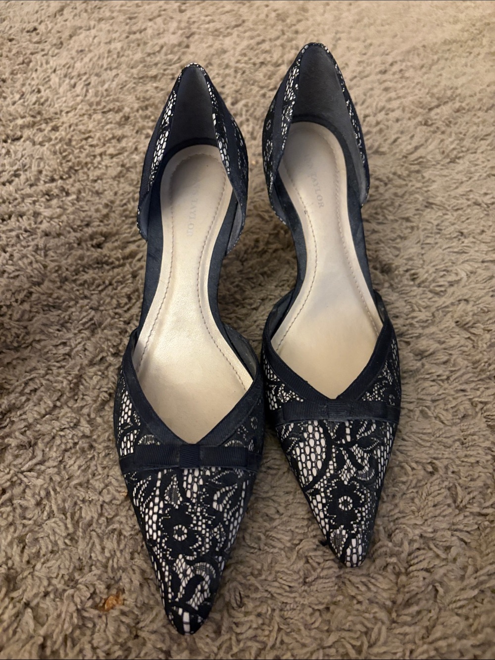 Ann Taylor Black Lace Pointed Ann D’Orsay Heels with Bow